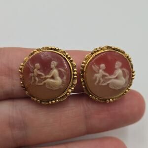 Vintage Clip On Earrings Goldtone & Carved Peach Pink Cameo Mother & Child Fairy